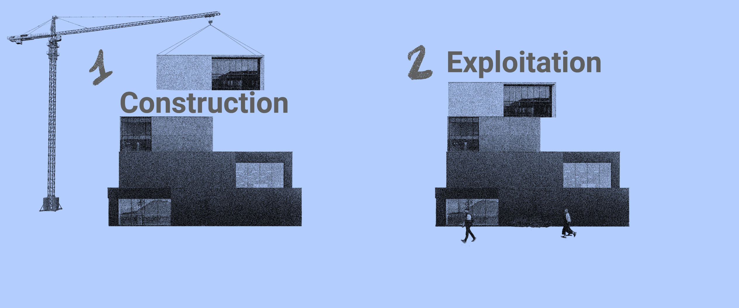 cycle de vie d'un bâtiment avec la construction et l'exploitation de celui-ci
